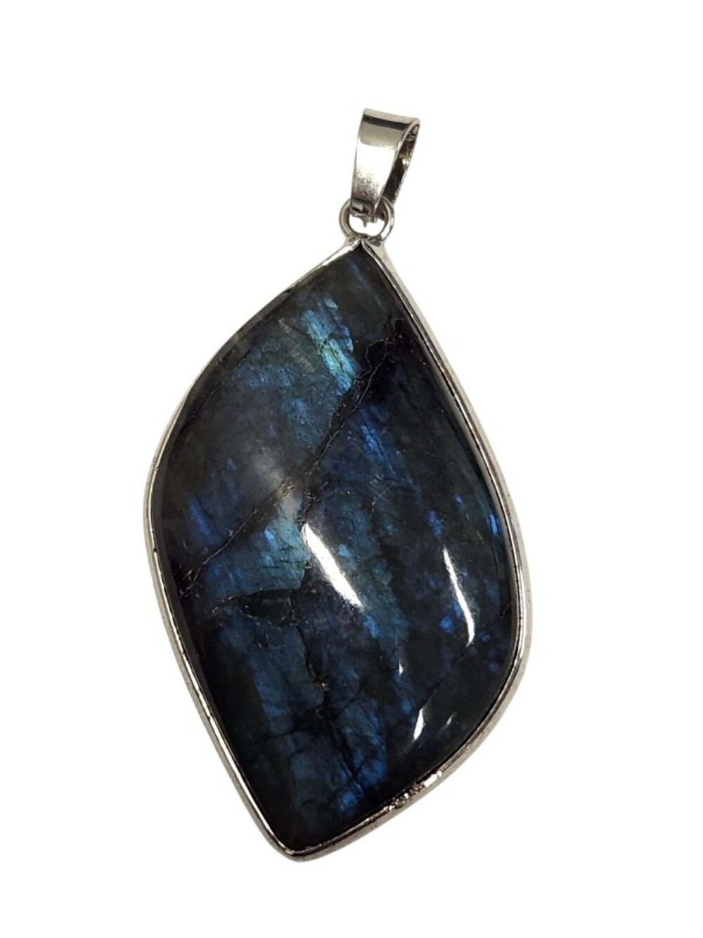 Natural Labradorite Pendant Blue‑Green Flash Stone in Silver‑Tone Setting READ